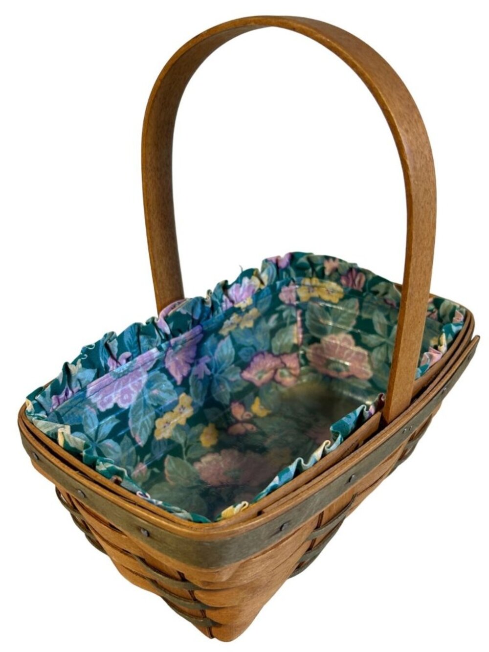 Longaberger Handwoven Basket With Floral Fabric Liner & Plastic Protector